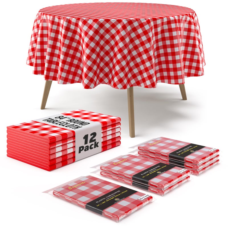 Exquisite Picnic Table Cover - 12 Pack Premium Round Tablecloth - Red & White Checkered BBQ Plastic Table Cover - Gingham Checkerboard Disposable Plastic Tablecloth 84 inch. Round - Image 1